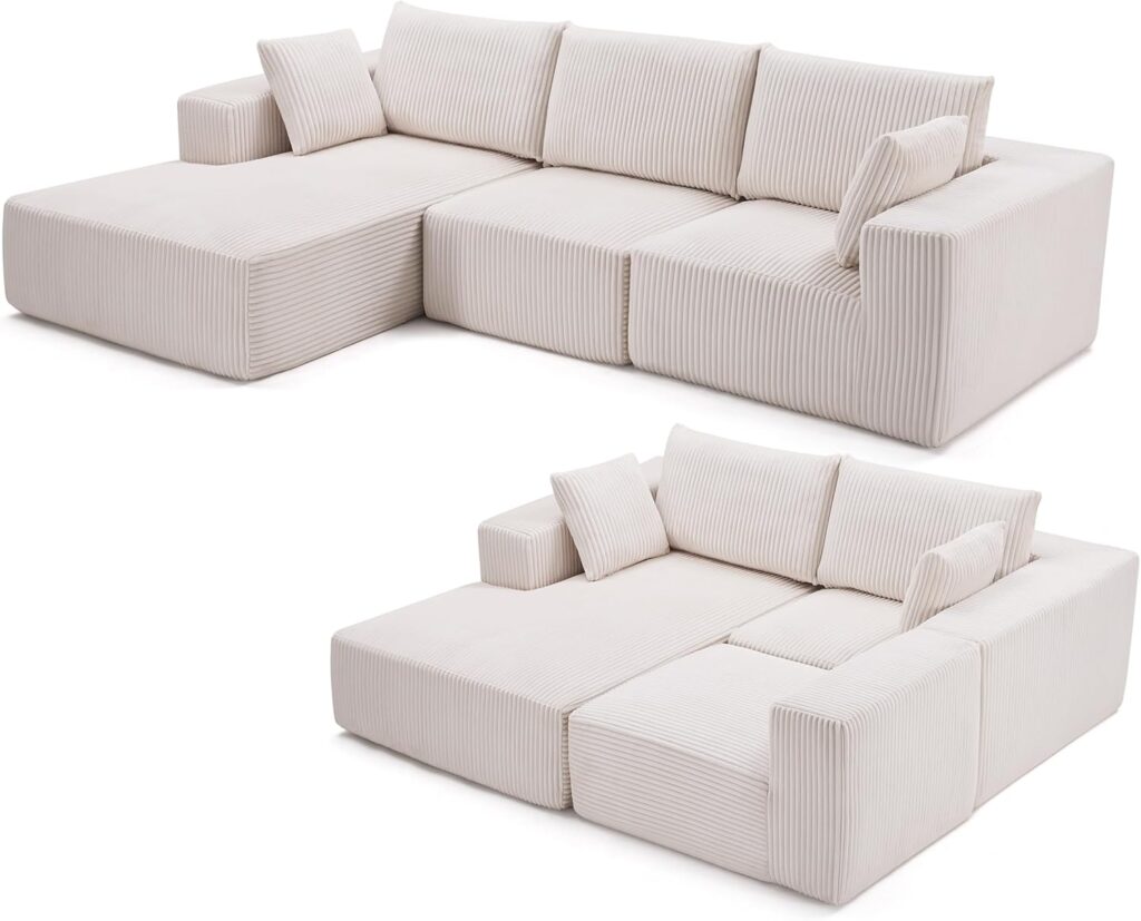 A modern modular sectional sofa in a spacious living room, featuring a sleek design and plush cushions for maximum comfort.