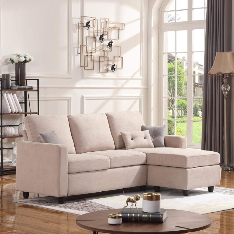 A modern modular sectional sofa in a spacious living room, featuring a sleek design and plush cushions for maximum comfort.