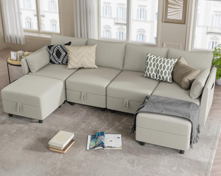 A modern modular sectional sofa in a spacious living room, featuring a sleek design and plush cushions for maximum comfort.