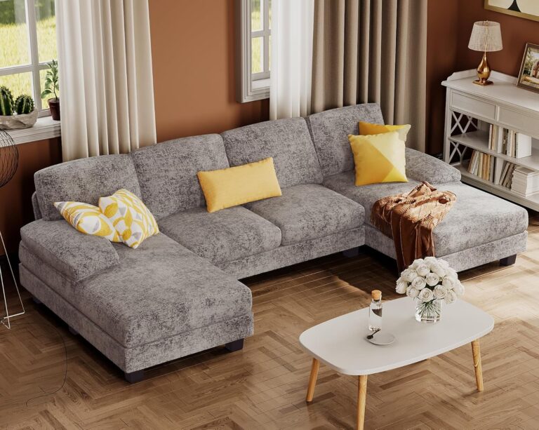 A modern modular sectional sofa in a spacious living room, featuring a sleek design and plush cushions for maximum comfort.