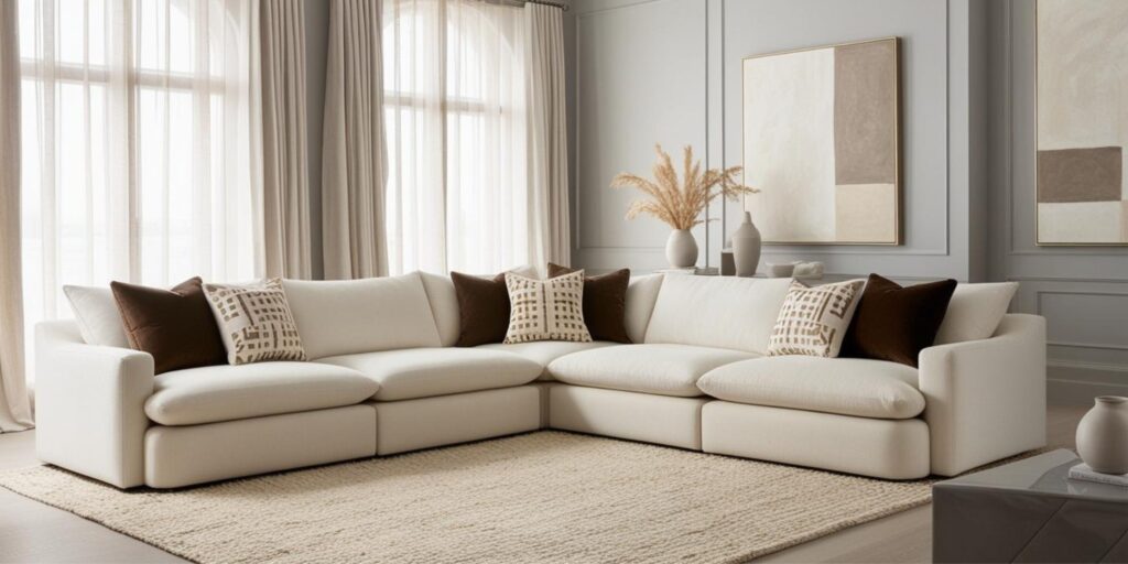 A modern modular sectional sofa in a spacious living room, featuring a sleek design and plush cushions for maximum comfort.