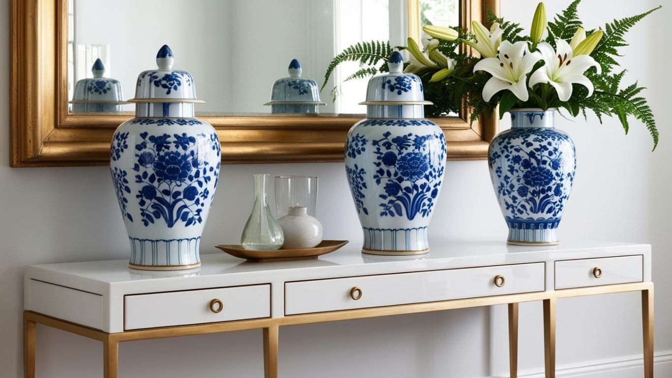 Blue and white ceramic vases and ginger jars styled on a console table in a modern classic interior