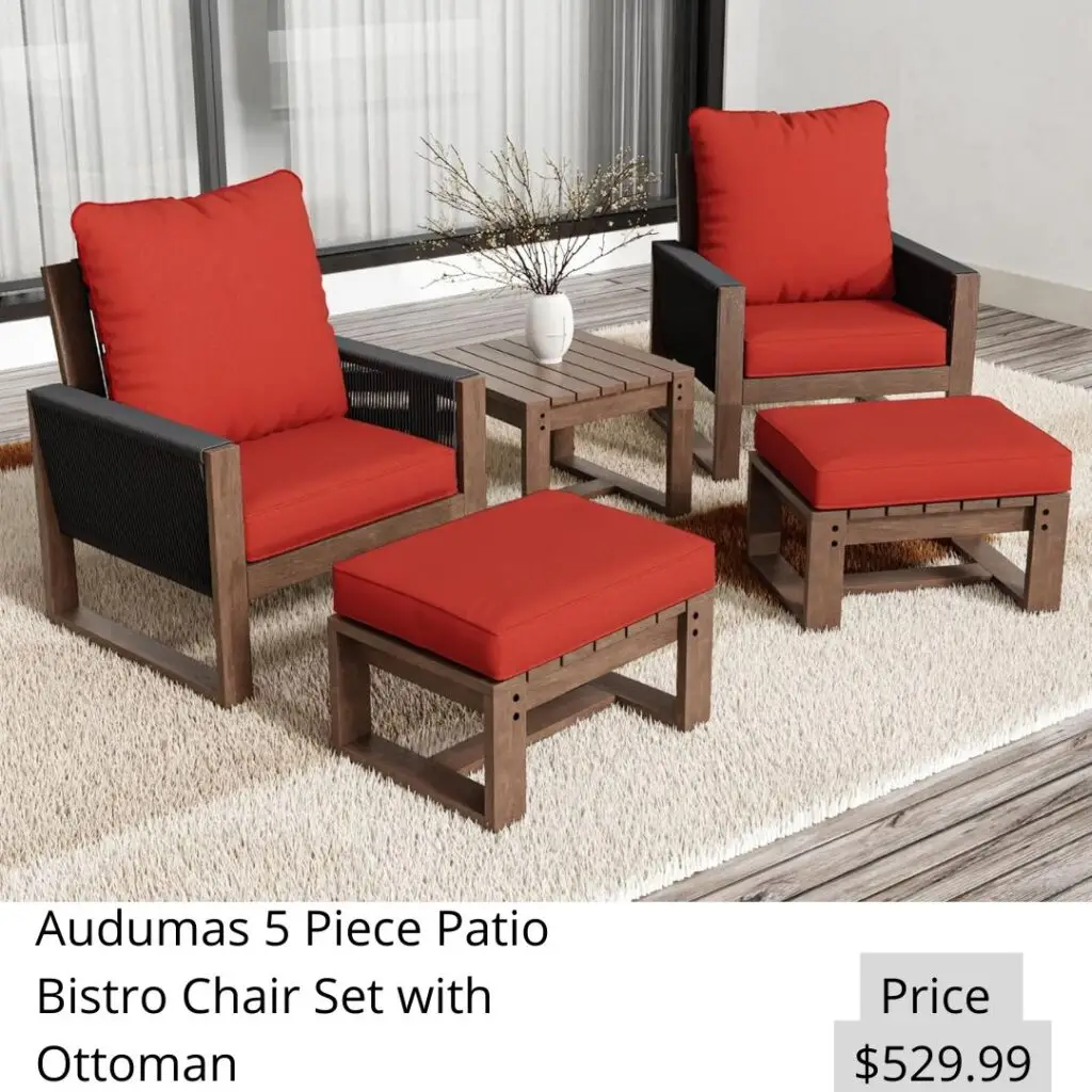 5 Piece Patio Bistro Chair Set with Ottoman, Wooden Outdoor Patio Furniture Set, Patio Wicker Chairs with Coffee Tables for Balcony Deck Backyard