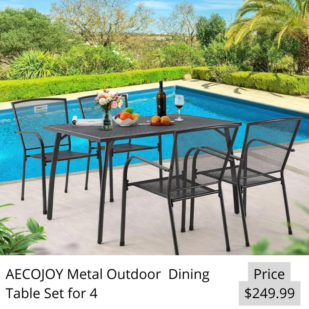 AECOJOY Metal Outdoor Table and Chairs Patio Dining Table Set for 4 Outside 51" Dining Table with Umbrella Hole Rectangle Table and 4 Stackable Chairs, Patio Furniture Set for Garden Backyard Balcony