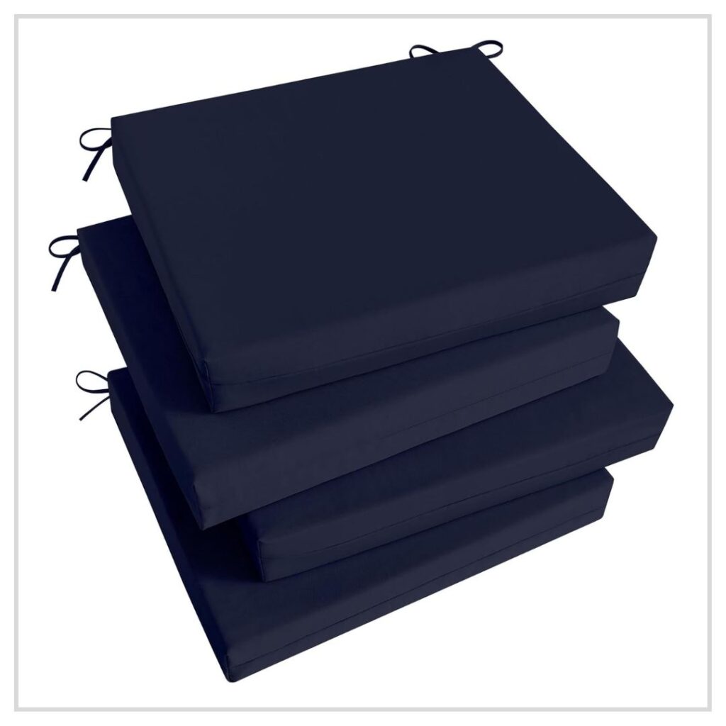 This set of four Basic Beyond outdoor chair cushions, measuring 18.5" x 16" x 3", is designed for standard patio chairs. Crafted with durable, water-resistant polyester fabric, these cushions are fade-resistant and filled with high-quality sponge for excellent resilience and comfort. Each cushion features two straps on each side to secure it in place, preventing slipping during use. Available in vibrant colors like Burgundy, Aqua Blue, and Black Geometry, they add style and functionality to your outdoor seating.