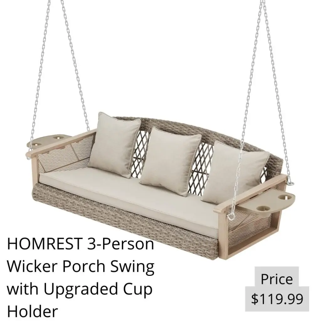 HOMREST 3-Person Wicker Porch Swing with Upgraded Cup Holder, 55 Inch Patio Hanging Swing Bench Chair with Cushions 900lbs Capacity Chains for Deck Garden Backyard
