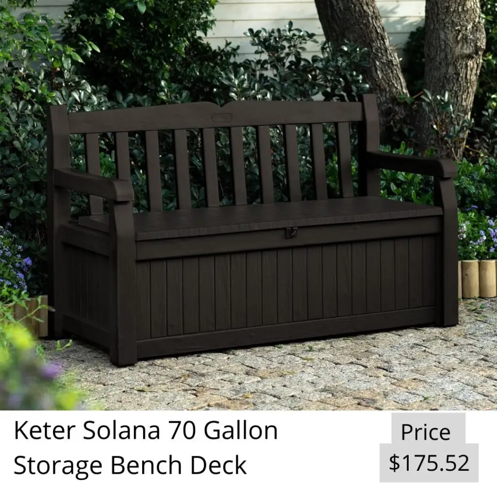 Keter Solana 70 Gallon Storage Bench Deck Box for Patio Furniture, Front Porch Decor and Outdoor Seating – Perfect to Store Garden Tools,