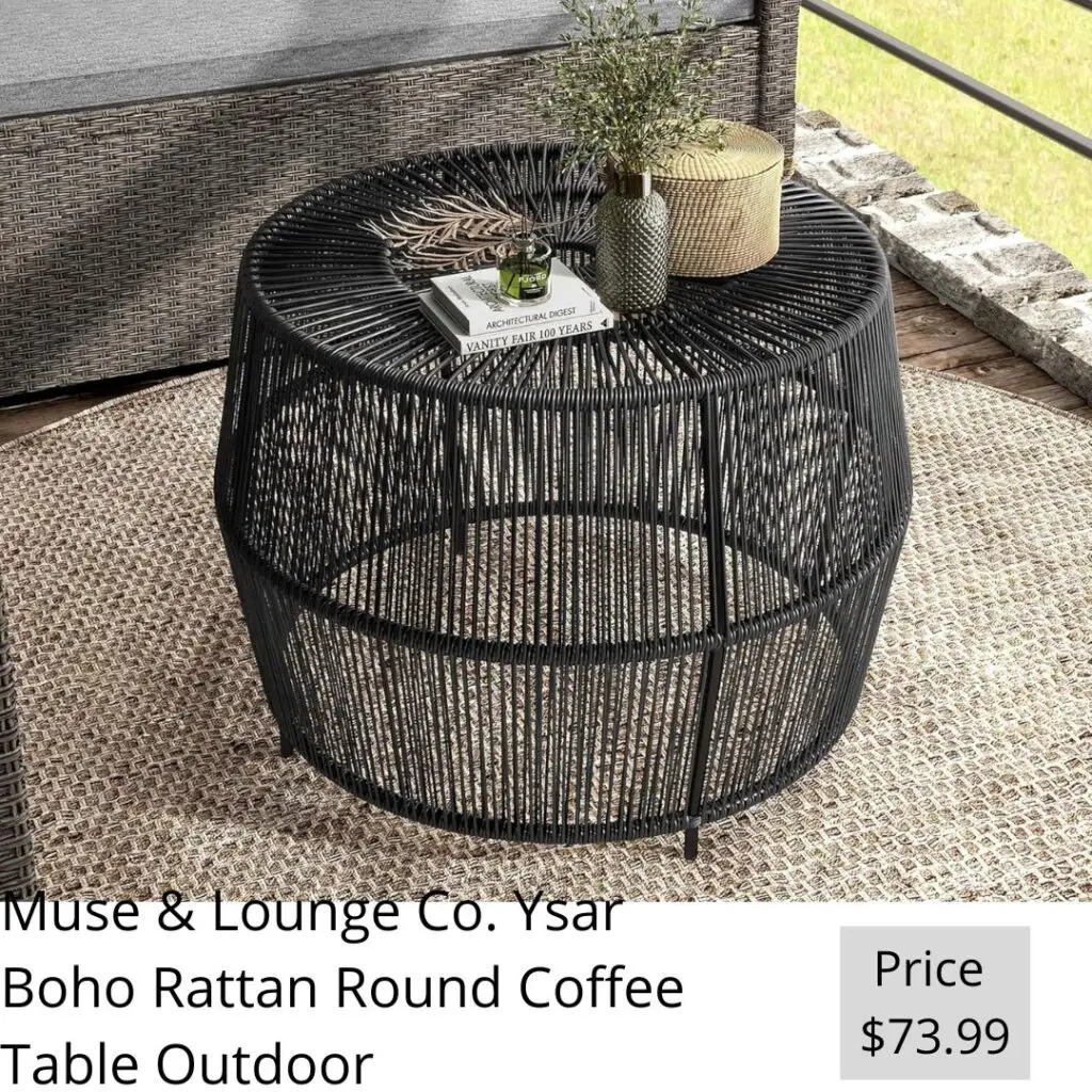 Muse & Lounge Co. Ysar Boho Rattan Round Coffee Table Outdoor with Metal Frame, All-Weather and Rust Resistant, Handcrafted Coastal Furniture for Patio