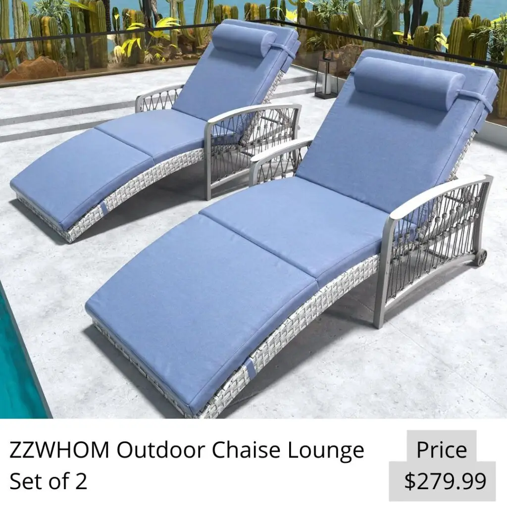 Outdoor Chaise Lounge Set of 2 Outdoor Wicker Rattan Patio Chairs Recliners with 5-Position Backrest & Thickened Cushions & Wheels for Backyard Pool Beach