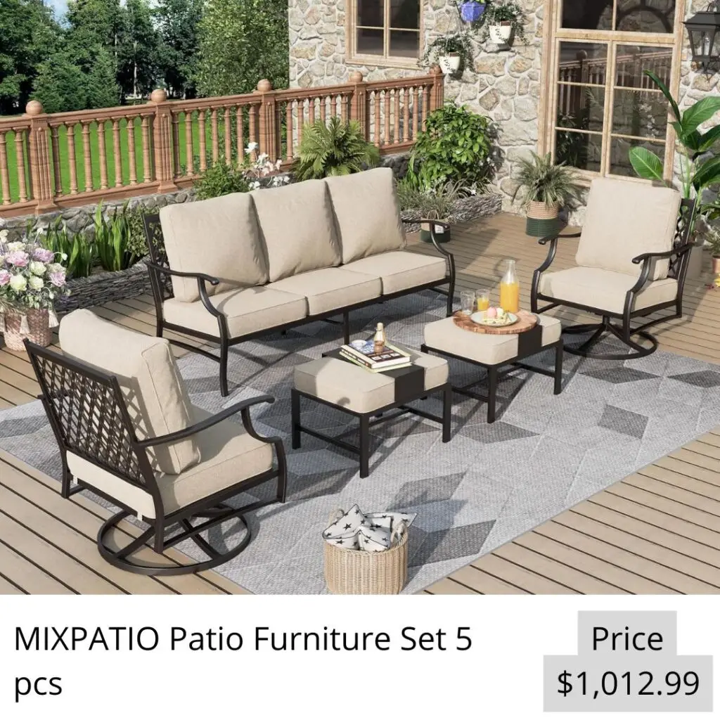 Patio Furniture Set 5 pcs, Outdoor Patio Furniture, 3-Seat Sofa, 2 Swivel Chairs, 2 Ottomans and 5.75" Extra Thick Cushion, Patio Conversation Set for Garden Backyard Deck,Beige
