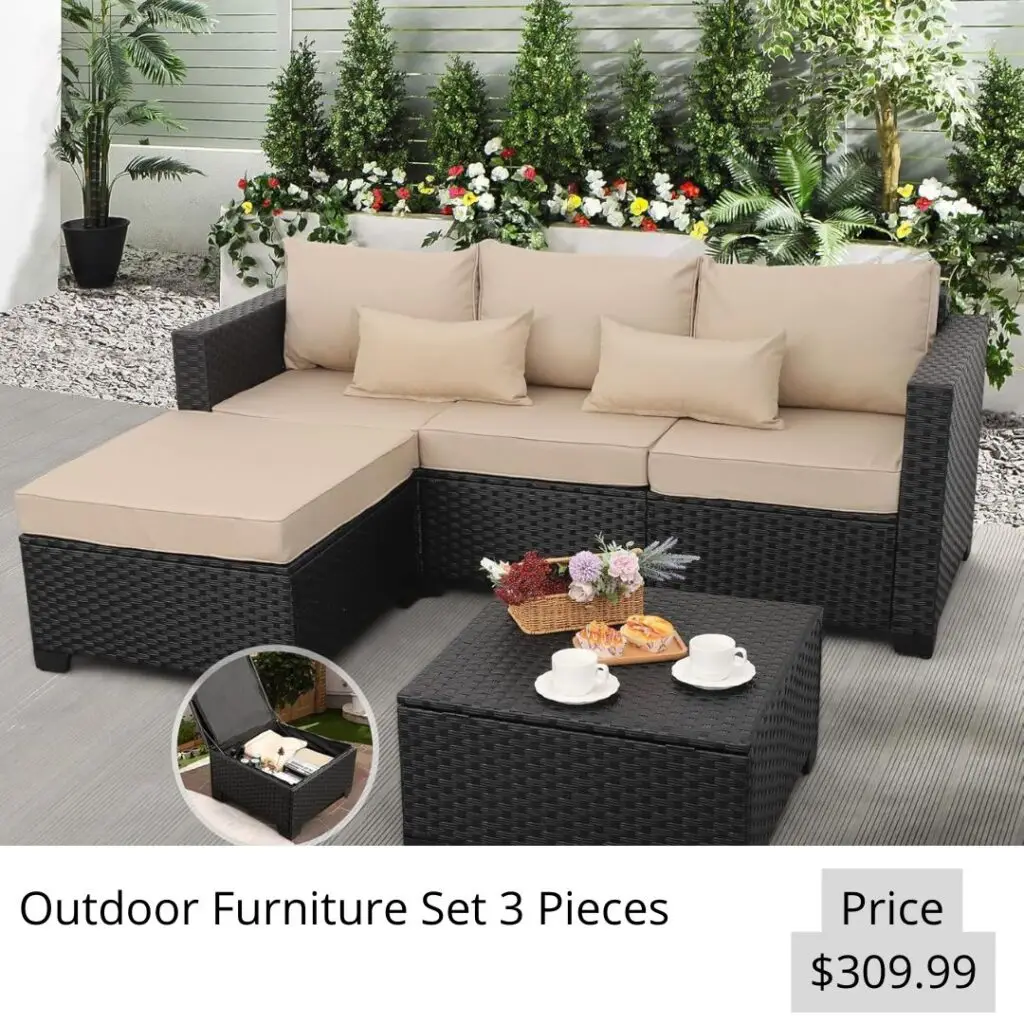 Outdoor Furniture Set 3 Pieces Wicker Patio Furniture Outdoor Sectional Patio Couch Outdoor Coffee Table with Storage All-weather Non-slip Cushions Waterproof Covers, Khaki