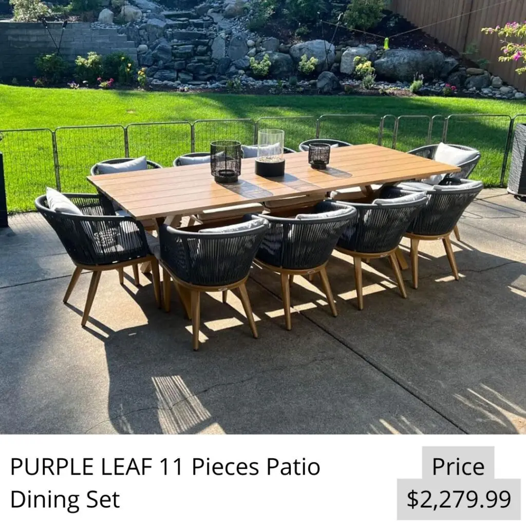 PURPLE LEAF 11 Pieces Patio Dining Set Wicker Outdoor Furniture Rectangular Table and Chairs Set for Garden Deck Teak-Finish Aluminum Frame Backyard Kitchen Set, Cushions and Pillows Included