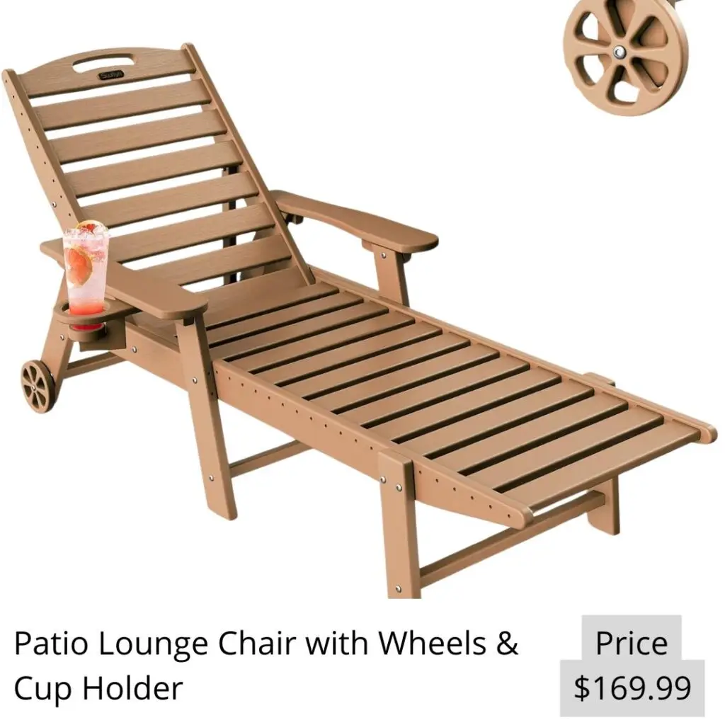 Lounge Chair Outdoor, Chaise Lounge, HDPE 6-Position Outdoor Chaise Lounge, Patio Lounge Chair with Wheels & Cup Holder for Pool Poolside Deck Backyard