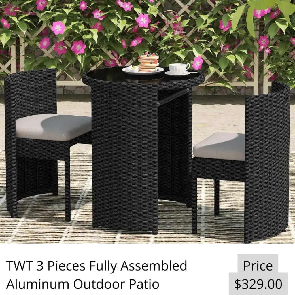 TWT 3 Pieces Fully Assembled Aluminum Outdoor Patio Bistro Set All-Weather Wicker Patio Furniture with Tempered Glass Table & Patio Chairs for Poolside Porch Deck Apartment Black