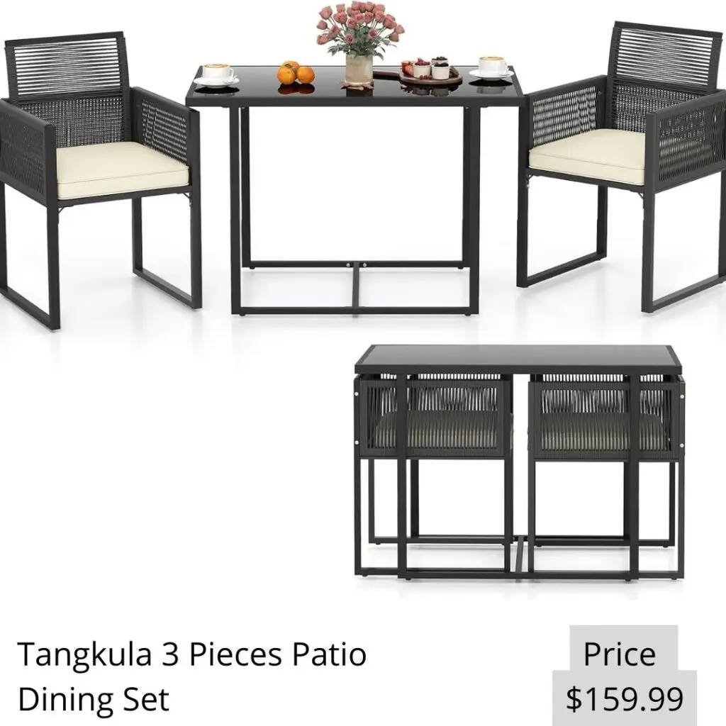 Tangkula 3 Pieces Patio Dining Set, Outdoor Space-Saving PE Wicker Bistro Set with Cushions, Patio Tempered Glass Top Table and Chairs Set for Porch, Garden and Backyard