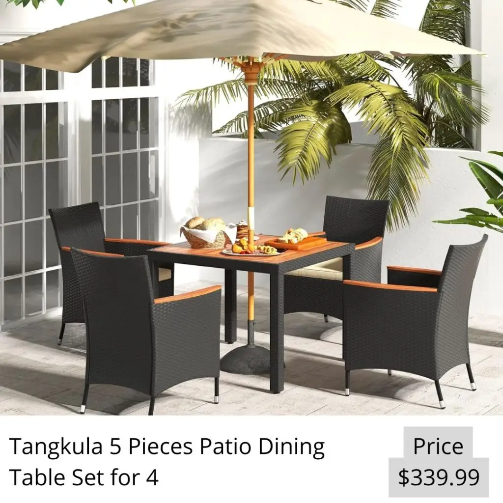 Tangkula 5 Pieces Patio Dining Table Set for 4, Rattan Conversation Set with Umbrella Hole, Seat Cushions & Acacia Wood Tabletop, Outdoor Dining Table with 4 Chairs for Backyard, Poolside & Deck